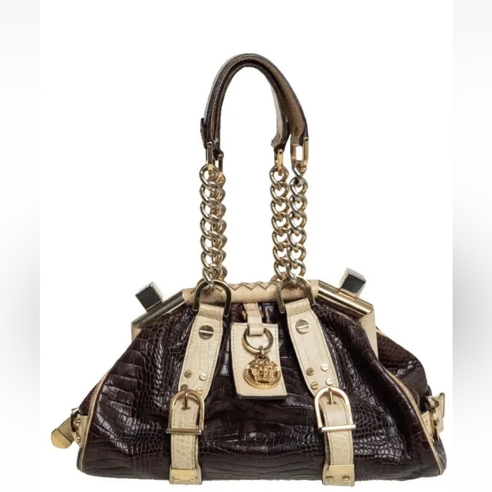 Vintage Versace Brown/Cream Croc EmbossedLeather Madonna Satchel NWT